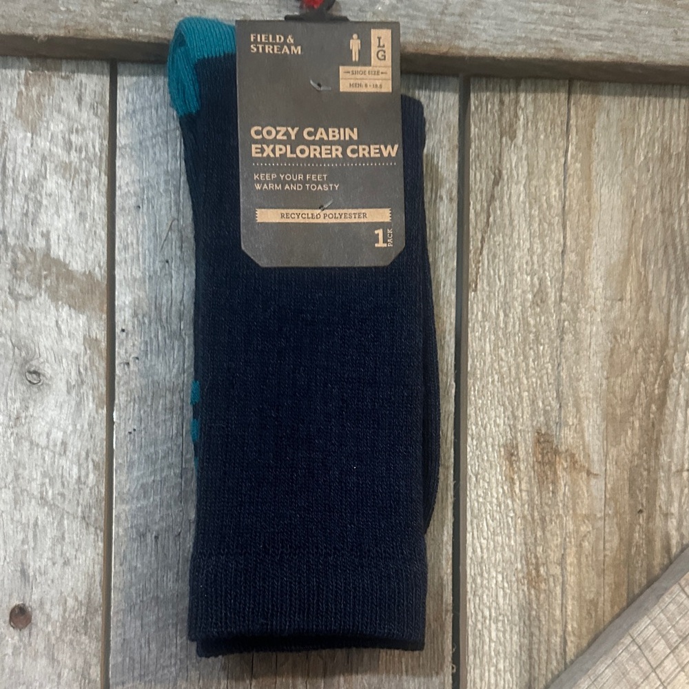 Field & Stream Cozy Cabin Explorer Crew Socks - Navy with Teal Accents